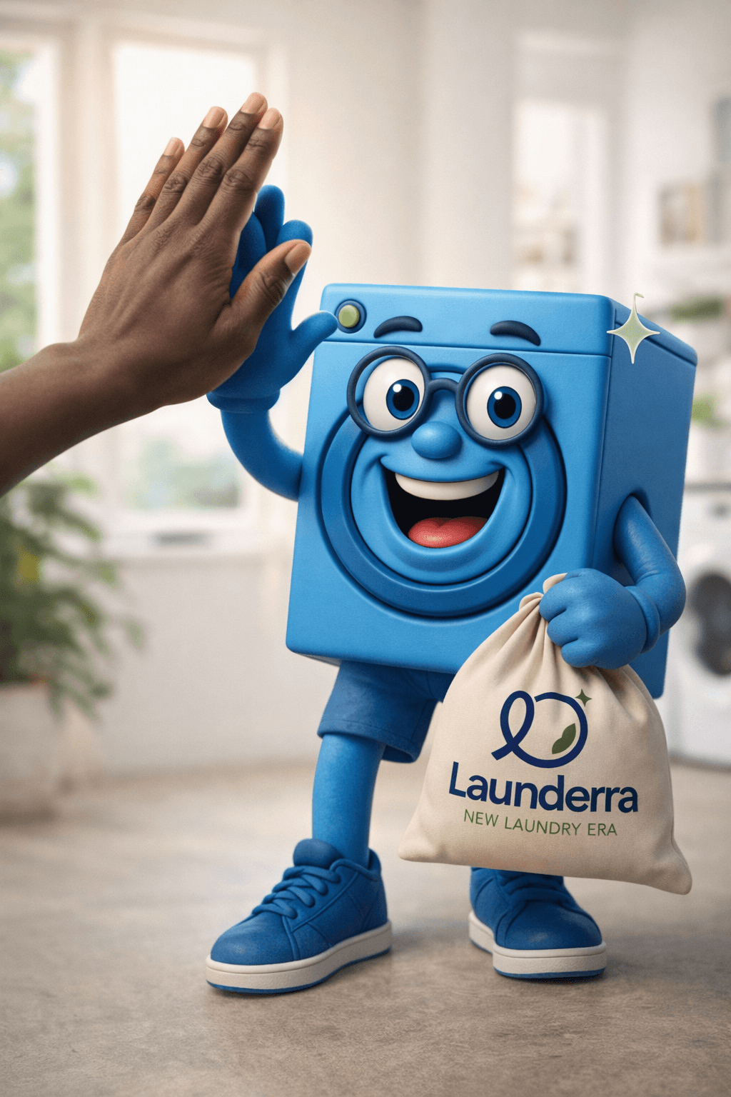 Friendly Launderra washing machine mascot