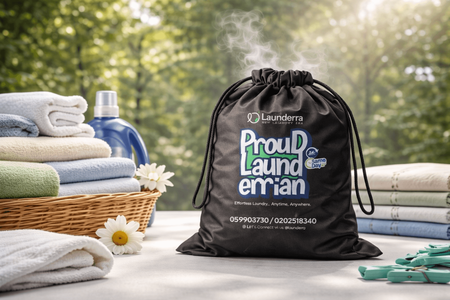 Launderra laundry bag surrounded by fresh linens